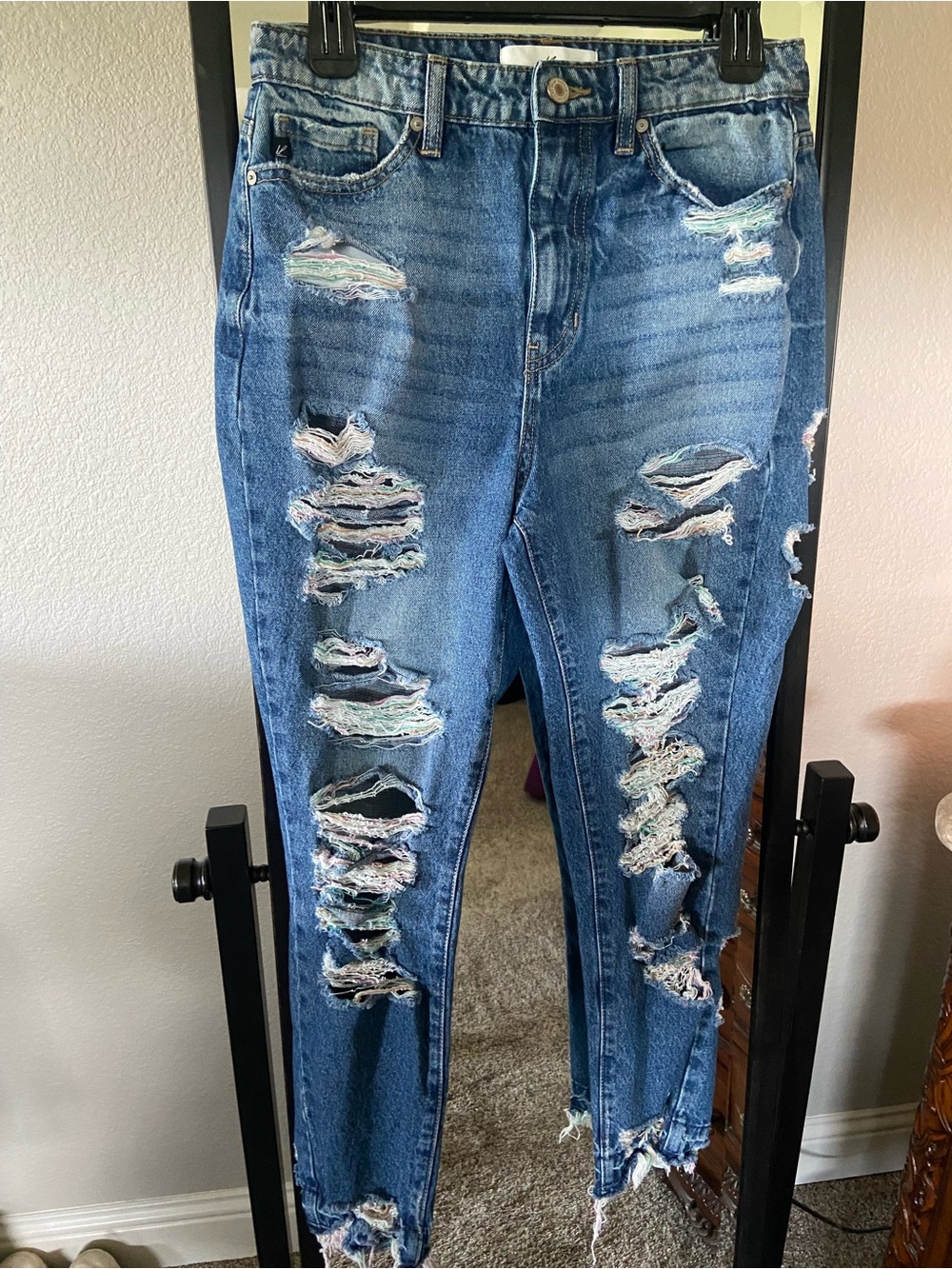 KanCan Distressed Multi-Accent Blue Ankle Jeans